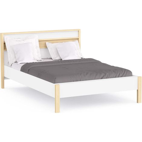 Lit 2 places couchage 140x190/200 couleur Blanc / Chêne clair - Largeur 151,9 x Profondeur 207,3 x Hauteur 95 cm (1/5)
