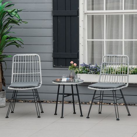 Conjunto de mesa y sillas de jardín de 3 piezas de ratán PE y acero, conjunto de bistró de jardín con mesa de centro con tablero de cristal y 2 sillas, para balcón, patio o jardín, color gris. (1/5)