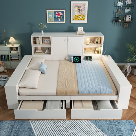 Lit banquette gigogne 140x200 cm - Lit adulte 140x200 - avec USB-C, rangement, liseuse et gain de place, pour studio, bois blanc (1/5)