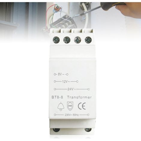 Transformateur pour sonnette : Alimentation sur rail DIN 230 V vers 8 V, 12 V ou 24 V, compatible avec tous les modèles de sonnettes (Blanc) (1/5)