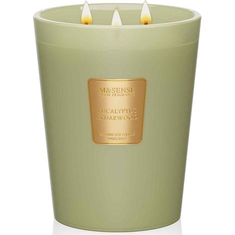 Bougie parfumée Eucalyptus Bois de cèdre 990g cire de soja 3 mèches 150h durée de combustion