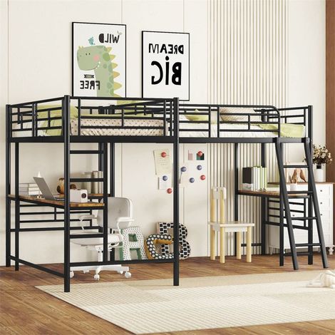 Lit mezzanine - 90 x 200 cm - 2 couchages, table intégrée - Métal noir - Barrière haute