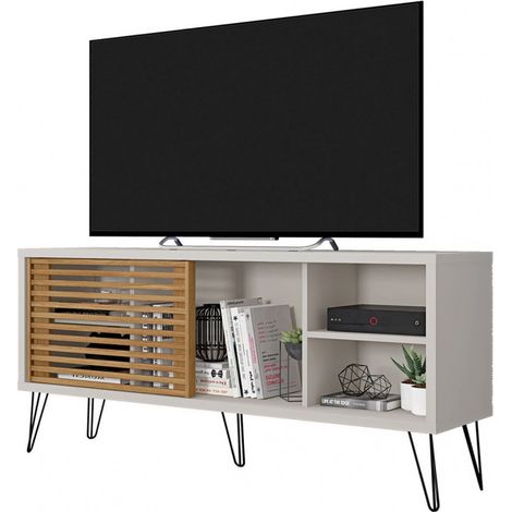 Meuble TV 55 Pouces Pieds Métal Blanc Ecru Chêne L 136 H 62 P 36 cm (1/5)
