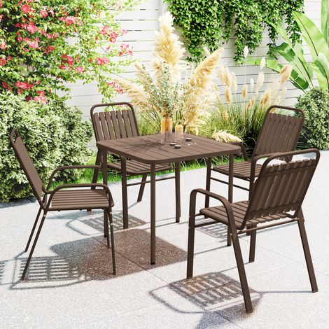 Ensemble de 4 chaises de jardin empilables avec dossier haut et accoudoirs, en acier et polypropylène, 56 x 66 x 91 cm, marron foncé (1/5)