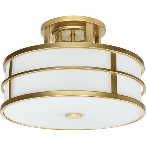 Deckenleuchte Metall Glas rund Ø 34 cm H: 23 cm flach Vintage Design 3x E27 in Creme Messing Deckenlampe (1/5)
