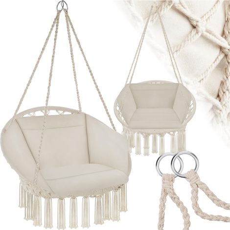 Fauteuil Suspendu Relax Design Intérieur Extérieur avec Coussin XXL Moelleux Inclus Beige (1/5)