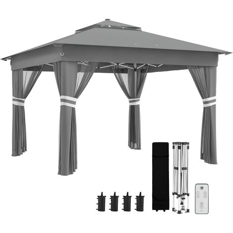 Tonnelle de jardin à hauteur réglable avec éclairage LED, acier et toile Oxpourd, 336 x 336 x 250-270 cm, grise