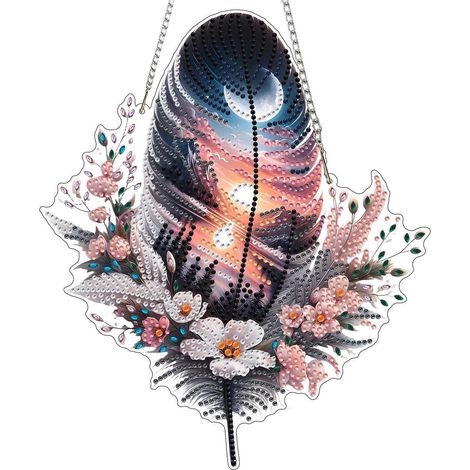 Diamond Painting Anhänger Feder mit Kette, Fensterbild Hängedekoration 20x20CM (1/4)