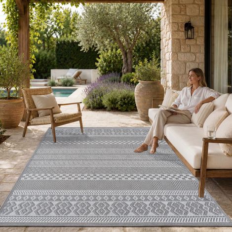 Paco Home Tapis Intérieur & Extérieur Balcon Terrasse Cuisine Motif Ethnique Boho Moderne 80x150 cm, Gris 4 (1/5)