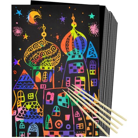 Ensemble de 50 feuilles à gratter arc-en-ciel avec stylets en bambou, kit de loisirs créatifs pour enfants : jeux et activités manuelles amusantes, jouets et cadeaux pour les fêtes. (1/5)