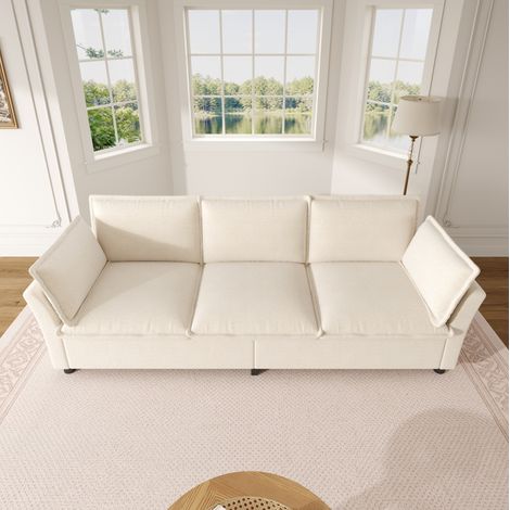 Divano 3 posti XXL in ciniglia beige con cuscini, 220 x 81 x 87 cm (1/5)