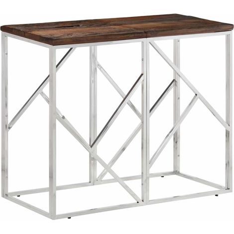 vidaXL Mesa consola acero inoxidable madera maciza traviesa plateado (1/5)