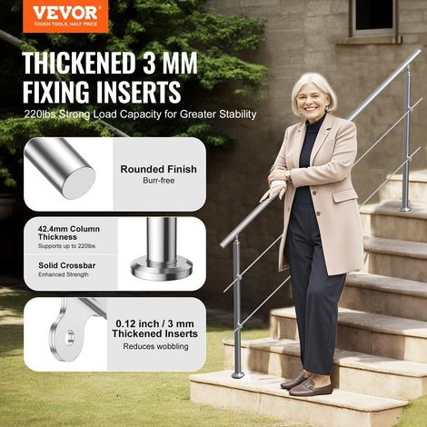 Rampe d'Escalier, 180 cm, Main Courante Escalier pour Marches Extérieur Acier Inox, 2 Barres Transversales, Kit d'Installation, Garde Corps Double Colonne pour Personnes Âgées, Porche, Terrasse (1/5)