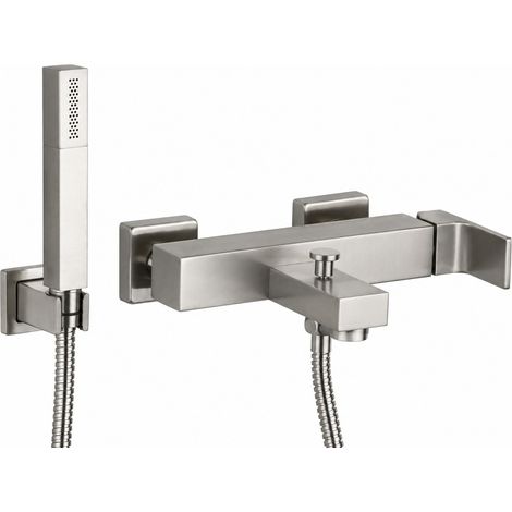 Externer Wannenmischer mit Handbrause in gebürsteter Nickelfarbe Gattoni SQUARE 2500/25NS  edelstahl gebürstet