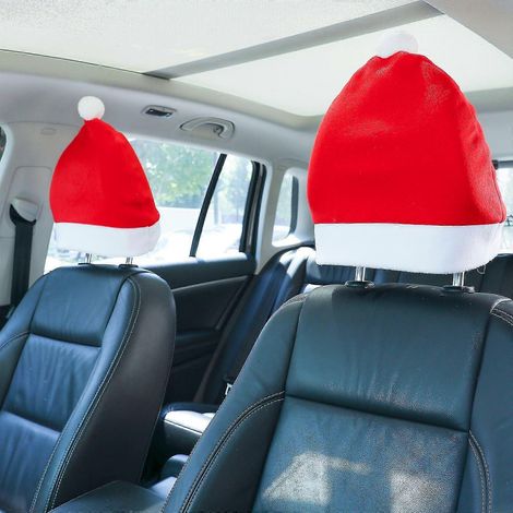 Juego de 2 fundas para reposacabezas de asientos de coche con gorro de Papá Noel, ideales como decoración interior para el coche o como accesorios navideños para vehículos. (1/5)