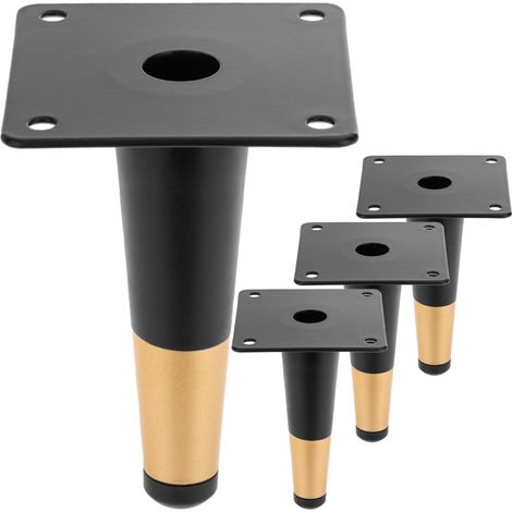 PrimeMatik - Lot de 4 pieds de meubles droits de forme conique avec protection antidérapante 12cm couleur noir et or (1/5)