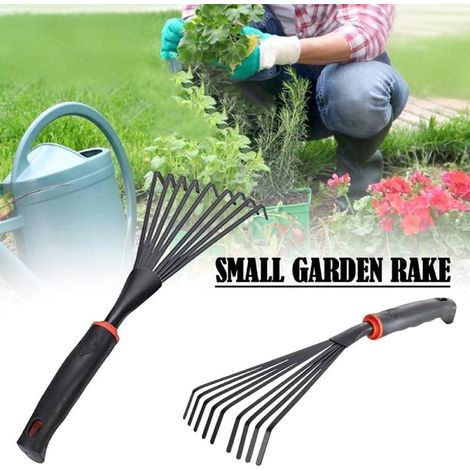 Râteau de jardinage, petit râteau de jardin, doté de dents métalliques robustes et d'un manche antidérapant — râteau portable et maniable, idéal pour les parterres, les pots de fleurs et les potagers