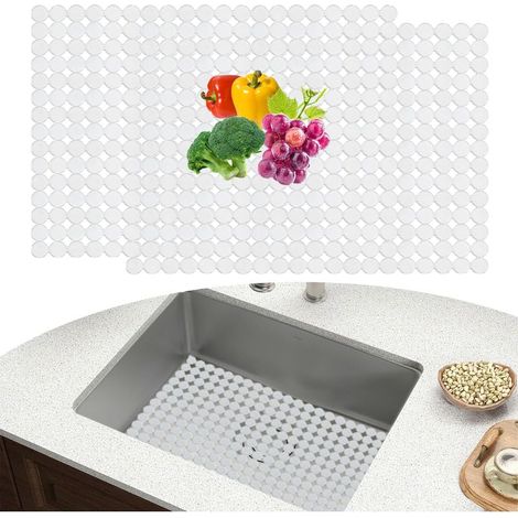 Lot de 2 tapis d'évier pour évier en acier inoxydable/céramique, 30 x 40 cm, tapis d'évier découpable, en PVC, tapis d'égouttement pour évier de cuisine, transparent (1/5)