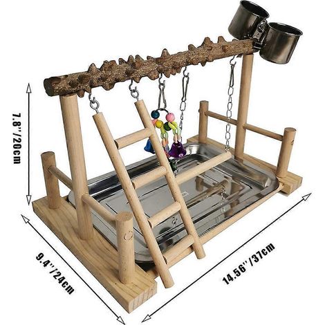 Aire de jeux en bois pour perroquets, comprenant des gamelles, une échelle et des balançoires polyvalentes.