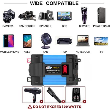 Convertisseur de chargeur de voiture 300 W DC 12 V vers AC 220 V avec deux ports USB 8 protections de sécurité adaptées aux mobiles/téléphones/ordinateurs/ordinateurs portables/tire-lait/nébuliseur/dr (1/5)