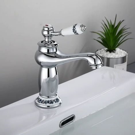 Schwarzer und weißer Waschtischarmatur aus Porzellankeramik und Messing mit langem Hals, floralem Retro-Design, Warm- und Kaltwasseranschluss (Chrom-Finish) (1/5)