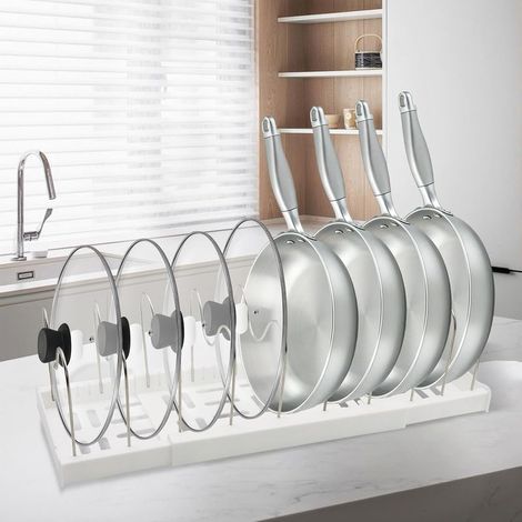 1 Organiseur Tiroir Cuisine, 10 Séparateurs Acier, Support Casserole Extensible 32-57cm, Rangement Poêle Placard (1/5)