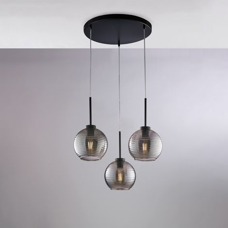 Sospensione in ferro laccato nero con cavi elettrici regolabili e diffusori in vetro soffiato grigio specchiato con rigatura in rilievo 3 luci H.41 - MAX 141 - Ø47