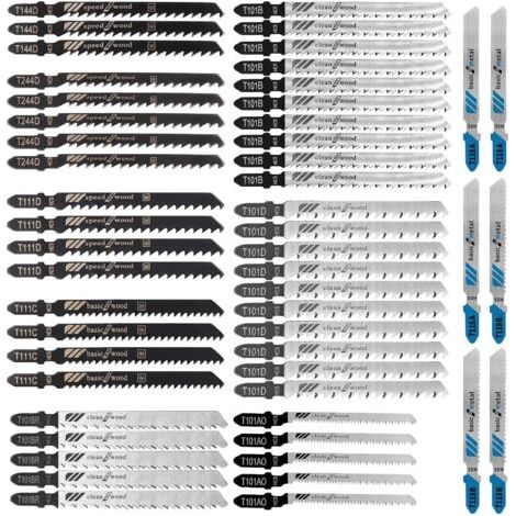 Professional 52 pièces Lames De Scie Sauteuse，10 modèles Tige en T Jeu de lames de scie sauteuse à haute teneur，Fabriquées en HCS，Pour couper du bois, du plastique et du métal fin