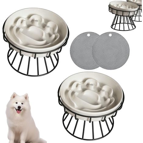 Lot de 2 gamelles anti-glouton pour chat - En céramique - Avec support en métal et coussinet en silicone - Gamelle anti-glouton pour chats, petits chiens (1/5)