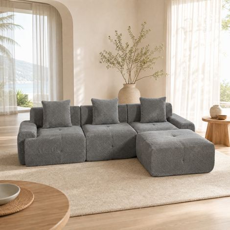 Sofá modular de compresión, asiento acolchado, listo para usar, chenilla gris (1/5)