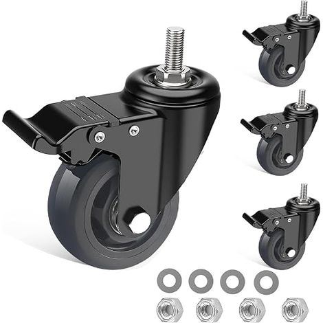 Threaded Stem Furniture Casters M10 x 0.3 x 30 mm, 75 Swivel Castors with Brake, Double Ball Bearings Heavy Load Castor 360° Rotation, Up to 400 kg (1/5)