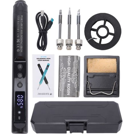Kit de fer à souder sans fil avec écran LCD, rechargeable par USB-C, température réglable de 200 à 450 °C, mise en veille automatique, pour la réparation électronique JJXL003-Noir : Fer à souder numér (1/5)