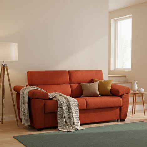 Divano Letto 3 Posti Trino, Sfoderabile, Contenitore Made in Italy, Lavabile, 225x95 cm Arancione (1/5)