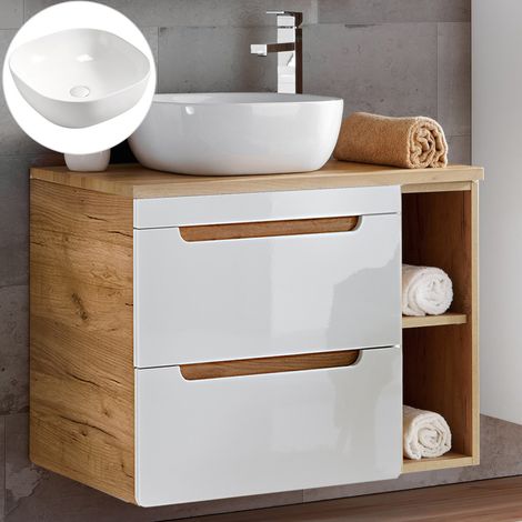 Waschtisch-Set 80 cm mit 42 cm Keramik-Waschbecken LUTON-56 in Hochglanz weiß mit Wotan Eiche Nb., B/H/T ca. 81/76,5/46 cm (1/5)