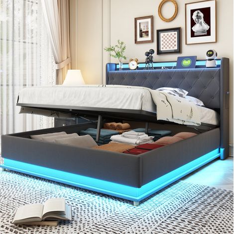 Bett 140x200 Stauraum LED USB Polster Grau HAVRYA (1/5)