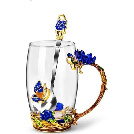 Tasse à Thé, Tasse à Café en Verre, Tasse en Émail avec Cuillère en Acier, Cadeau pour Anniversaire, Noël, Saint Valentin - Bleu (1/4)