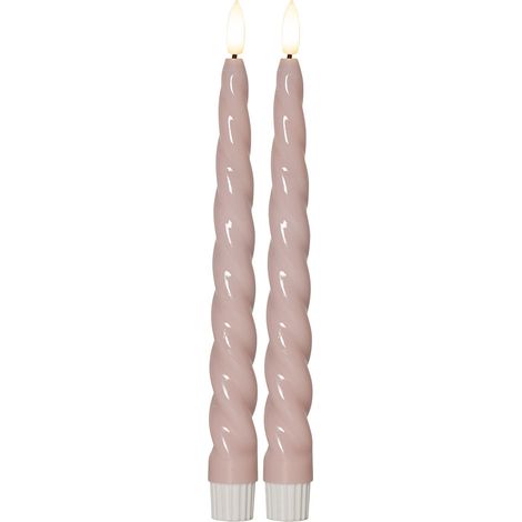 Bougie LED en cire « Flame Shine », lot de 2, rose, bougie conique torsadée, brillante, blanc chaud, à piles, minuterie, 24,5 cm