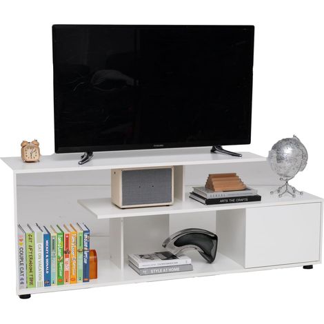 COSTWAY Meuble TV, Meuble Télé pour 55" au Max, Design S, Rangement Ouvert, Grand Compartiement, Petite Armoire à Porte, Meuble TV Moderne pour Salon, Chambre (Blanc)