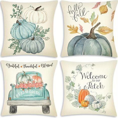 Lot de 4 housses de coussin, motif citrouille et feuilles d'érable, fermeture éclair invisible, polyester, pour décoration automnale intérieur et extérieur (1/5)