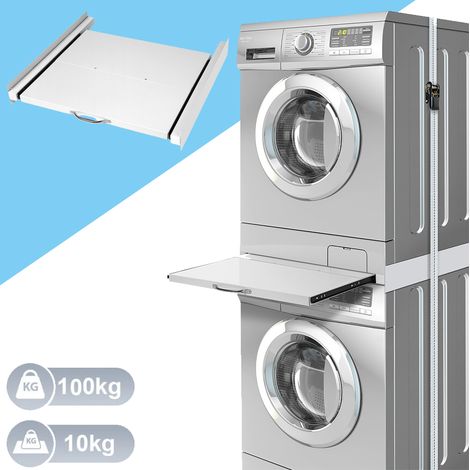 Universell Zwischenbaurahmen mit Ausziehbarer Ablage, max. 100kg, 60x60cm, Verbindungsrahmen für Trockner Waschmaschinen, mit Rutschfesten Pads, Weiß (1/5)