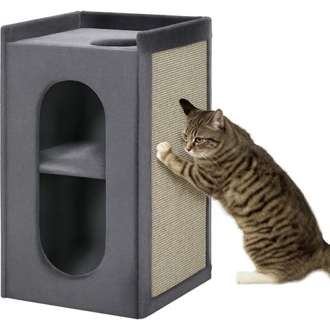 PawHut Kratztonne, 81 cm hoch Katzentonne mit 2 Höhle, Kratzbaum mit Kratzbrett, Katzenturm mit 2 Ebenen, für Katze bis 6 kg, Dunkelgrau