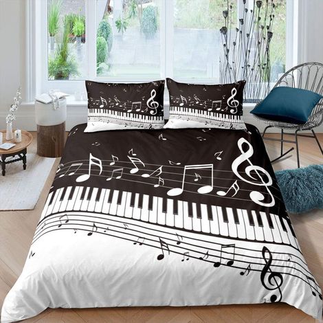 Musique Notes mélodiques Housse de Couette 220x240cm Piano Touches Clavier Parure de Lit Musique Classique Jazz Blues Ensemble de literie Rayures Enfants Literie Set Blanc Noir