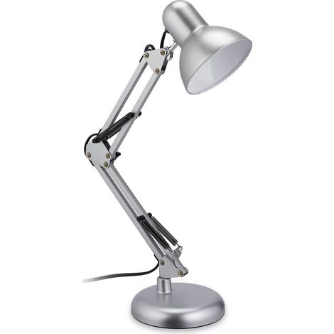 Relaxdays Schreibtischlampe Retro, verstellbare Gelenkarmlampe, E27-Fassung, schwenkbar, Büro Tischlampe Metall, silber