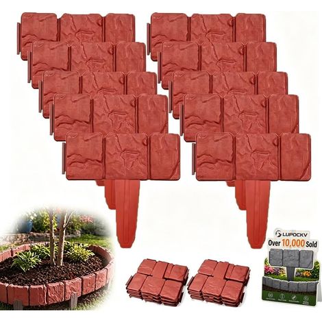 Ortviai Lot de 20 Bordures de Jardin Effet Pierre - Clôture de Jardin Plastique 25x23cm, Bordure Pelouse Imperméable Interlocking, Décoration de Paysage pour Parterre de Fleurs, Allée et Gazon, rouge
