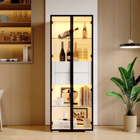 Vitrine-Armoire-Stockage-Verre-Trempé-Éclairage-LED-2-Étagères-2-Tiroirs-Meuble-Salon-Haut-60x40x160(cm) (1/5)