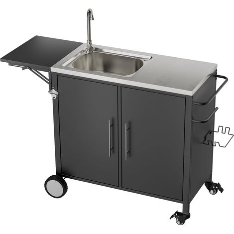 Carrito de jardín/carrito para barbacoa con tapa de acero inoxidable, estante plegable, ganchos y funda incluidos, almacenamiento metálico, carrito de exterior con ruedas de 129x46x90cm (negro)