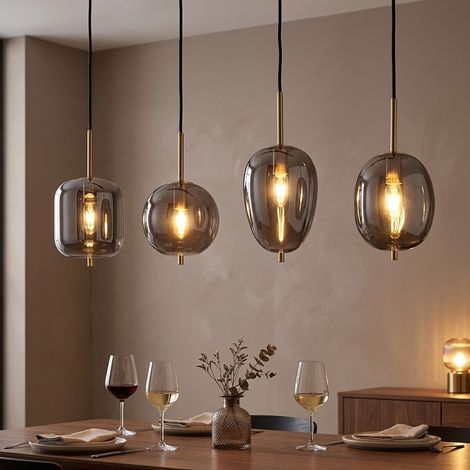 LED Hängeleuchte Pendelleuchte Esszimmerlampe 4-flammig Messing Glas H 120 cm (1/5)