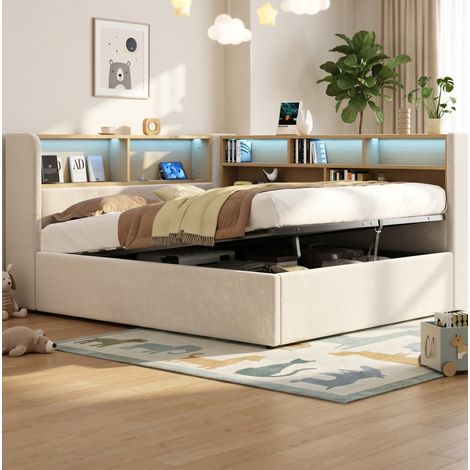 Tagesbett 140x200 cm beige aus Samt mit hydraulischem Stauraum, LED, USB-C und Ablagefächern (1/5)