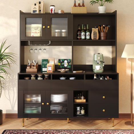 Buffet de cuisine 145 cm - buffet haut avec 3 portes et 6 tiroirs, pieds en métal, grand espace de rangement, - design moderne - bois Noir (1/5)