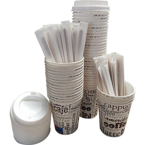 Lot de 100 verres jetables en papier cartonné de 200 ml, résistants et élégants pour boissons chaudes ou froides, parfaits pour le bureau et la maison, avec 100 palettes en bois (1/5)